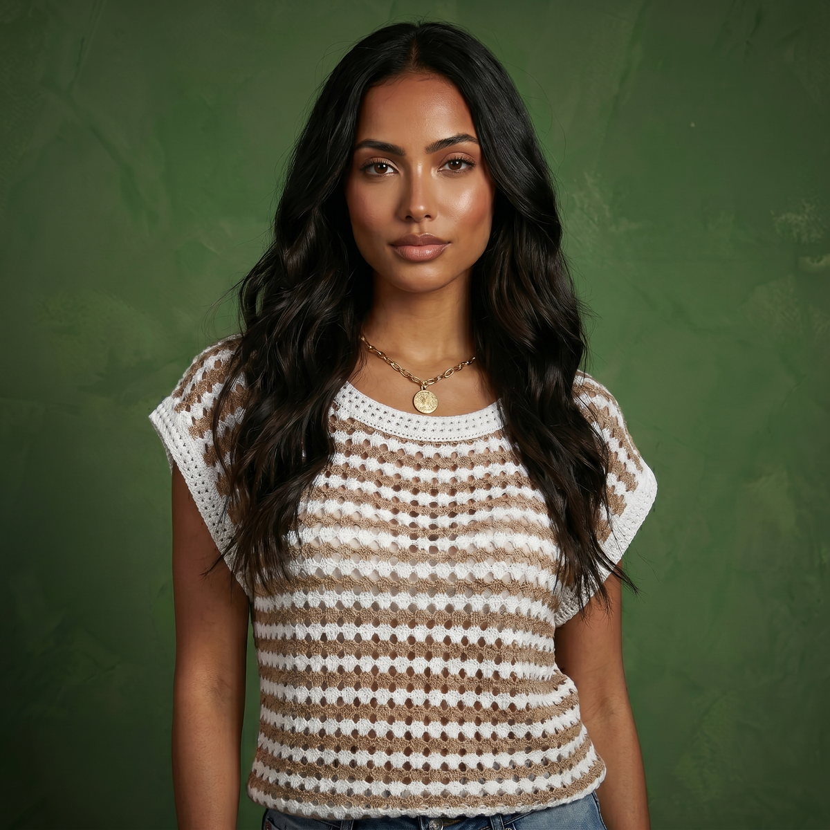 Anna-Kaci Women's Short Sleeve Striped Crochet Knit Top with Open Stitch Texture and Relaxed Fit