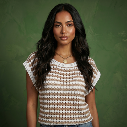 Anna-Kaci Women's Short Sleeve Striped Crochet Knit Top with Open Stitch Texture and Relaxed Fit