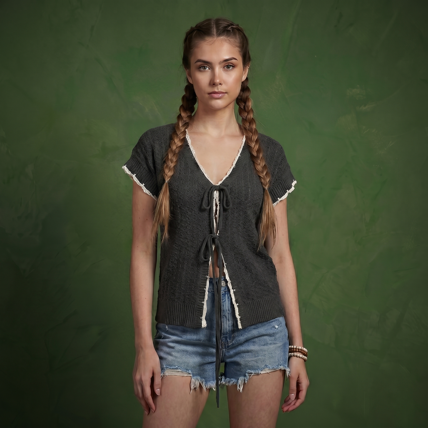 Anna-Kaci Women's Short Sleeve Knit Cardigan Top with V-Neck Tie Front and Contrast Trim