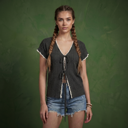 Anna-Kaci Women's Short Sleeve Knit Cardigan Top with V-Neck Tie Front and Contrast Trim
