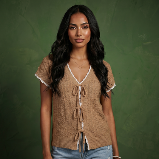 Anna-Kaci Women's Short Sleeve Knit Cardigan Top with V-Neck Tie Front and Contrast Trim