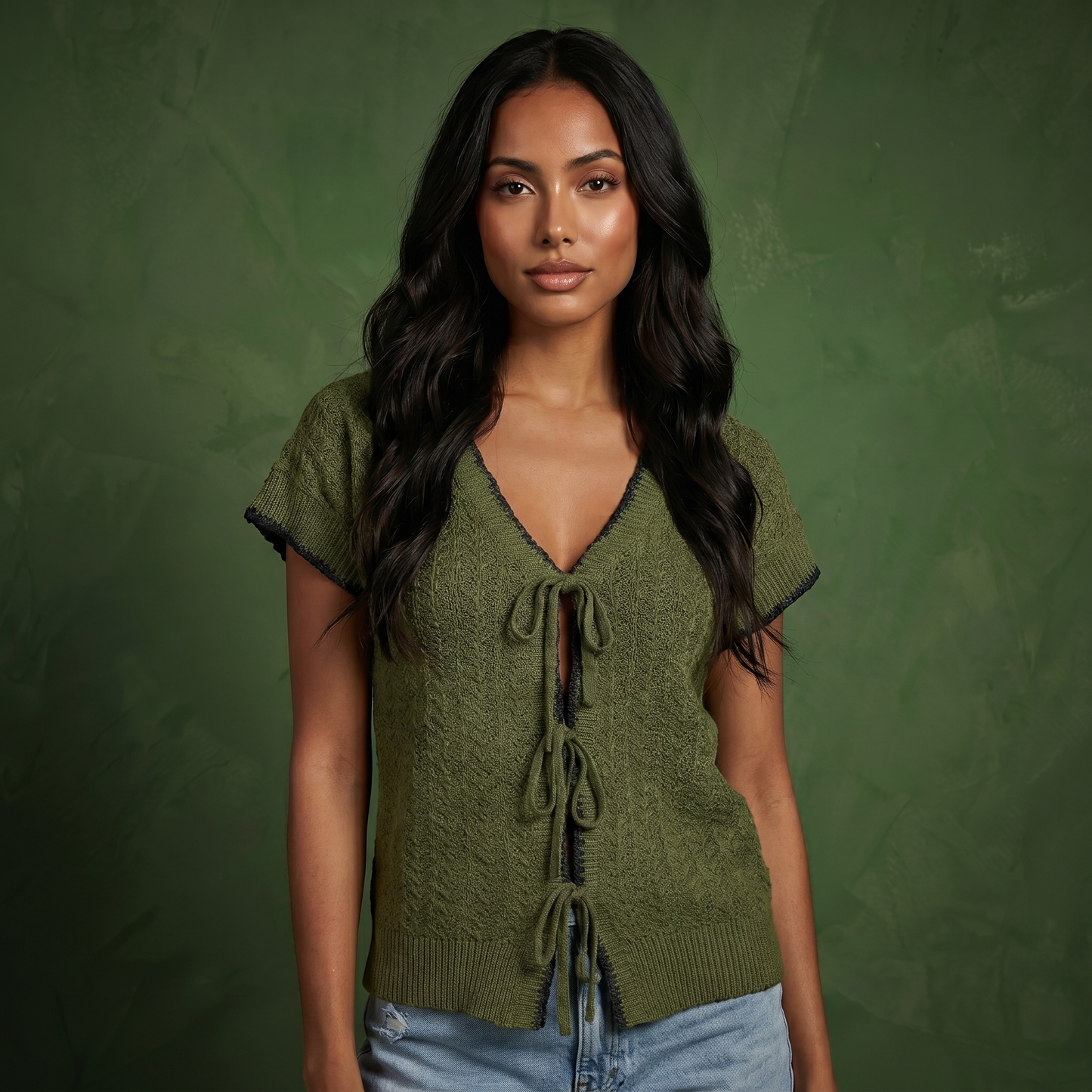 Anna-Kaci Women's Short Sleeve Knit Cardigan Top with V-Neck Tie Front and Contrast Trim
