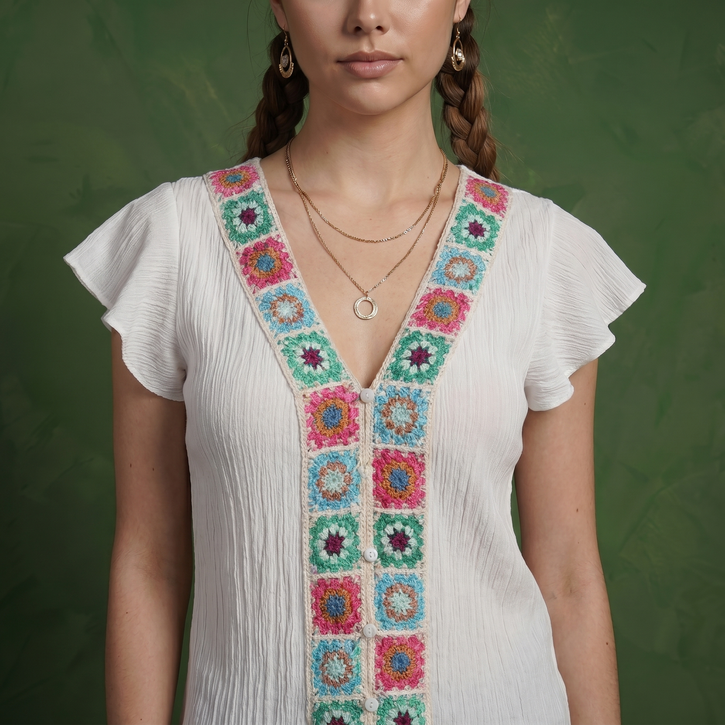 Anna-Kaci Women's Boho Embroidered V-Neck Flutter Sleeve Textured Blouse