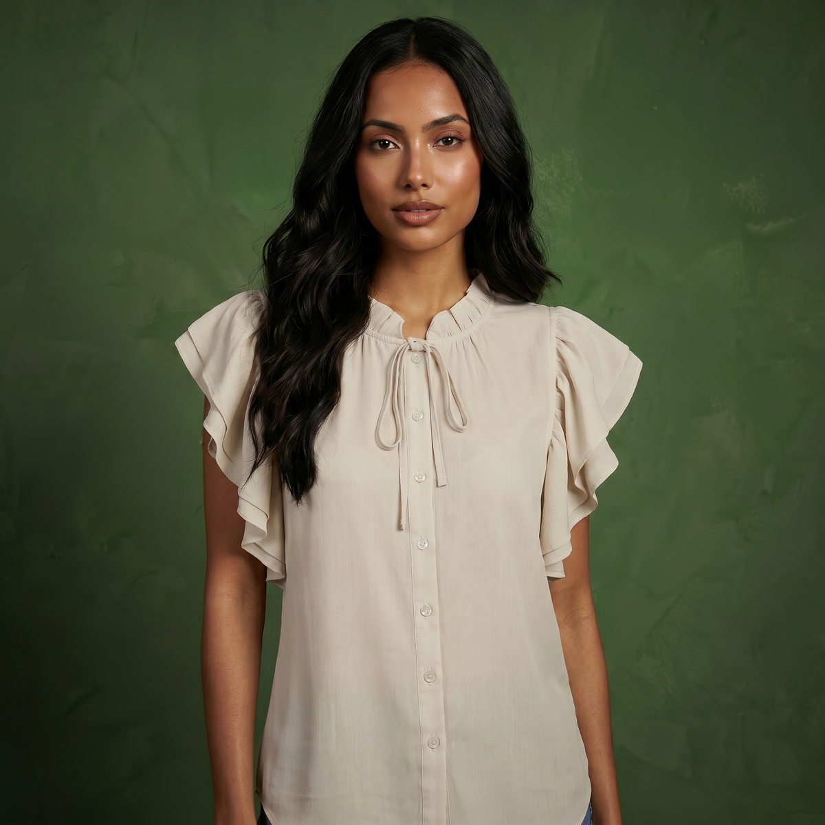 Anna-Kaci Women's Ruffle Flutter Sleeve Button Down Blouse with Tie Neck