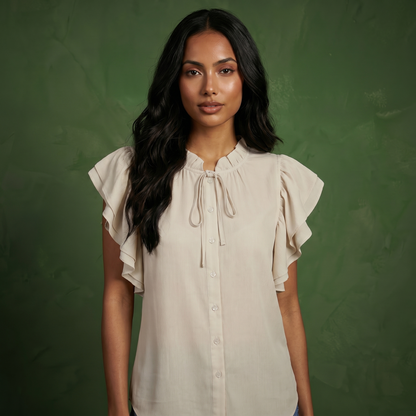 Anna-Kaci Women's Ruffle Flutter Sleeve Button Down Blouse with Tie Neck
