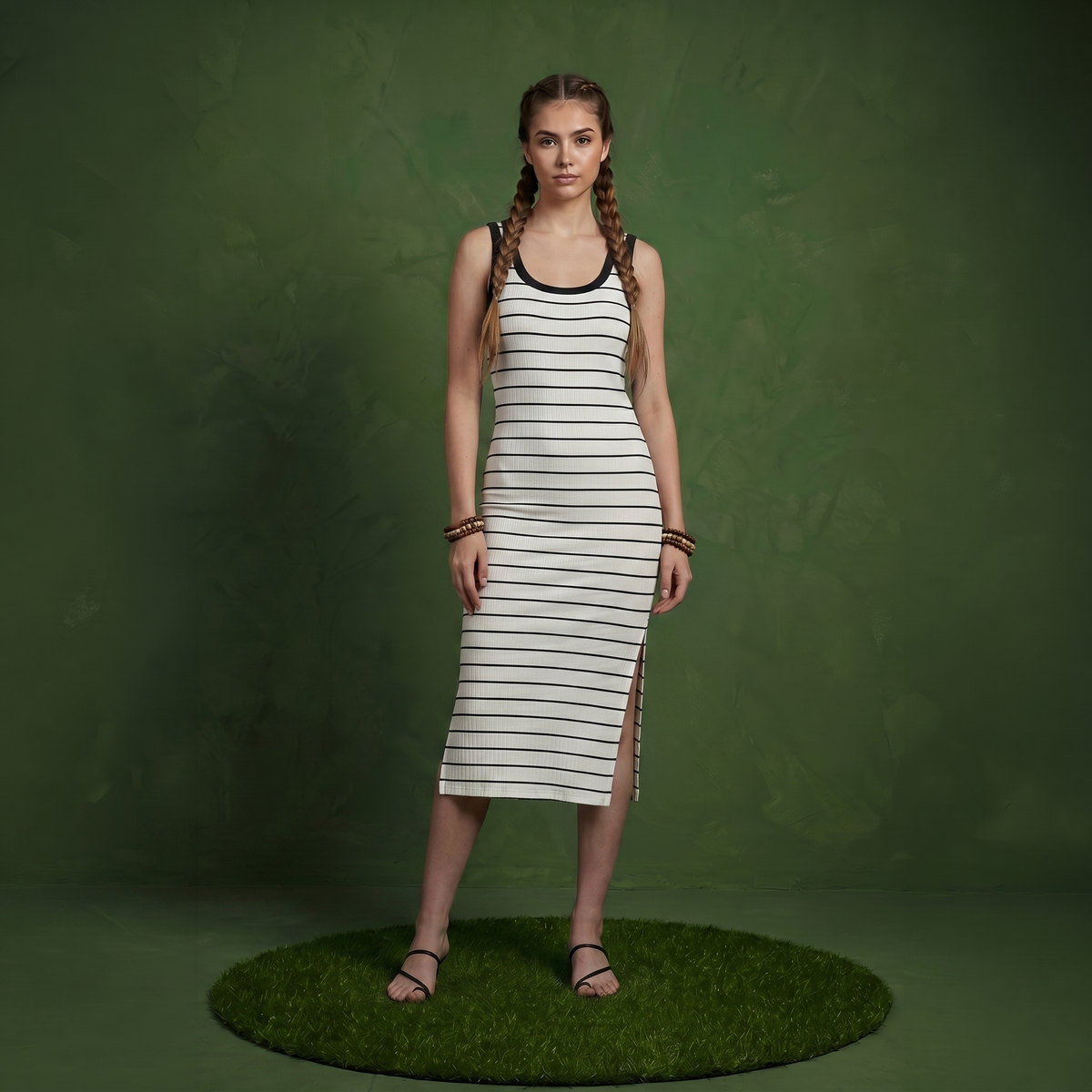 Anna-Kaci Women's Striped Rib-Knit Scoop Neck Midi Tank Dress with Side Slit
