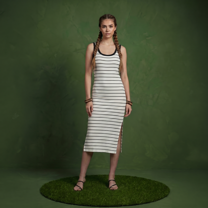 Anna-Kaci Women's Striped Rib-Knit Scoop Neck Midi Tank Dress with Side Slit
