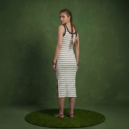Anna-Kaci Women's Striped Rib-Knit Scoop Neck Midi Tank Dress with Side Slit