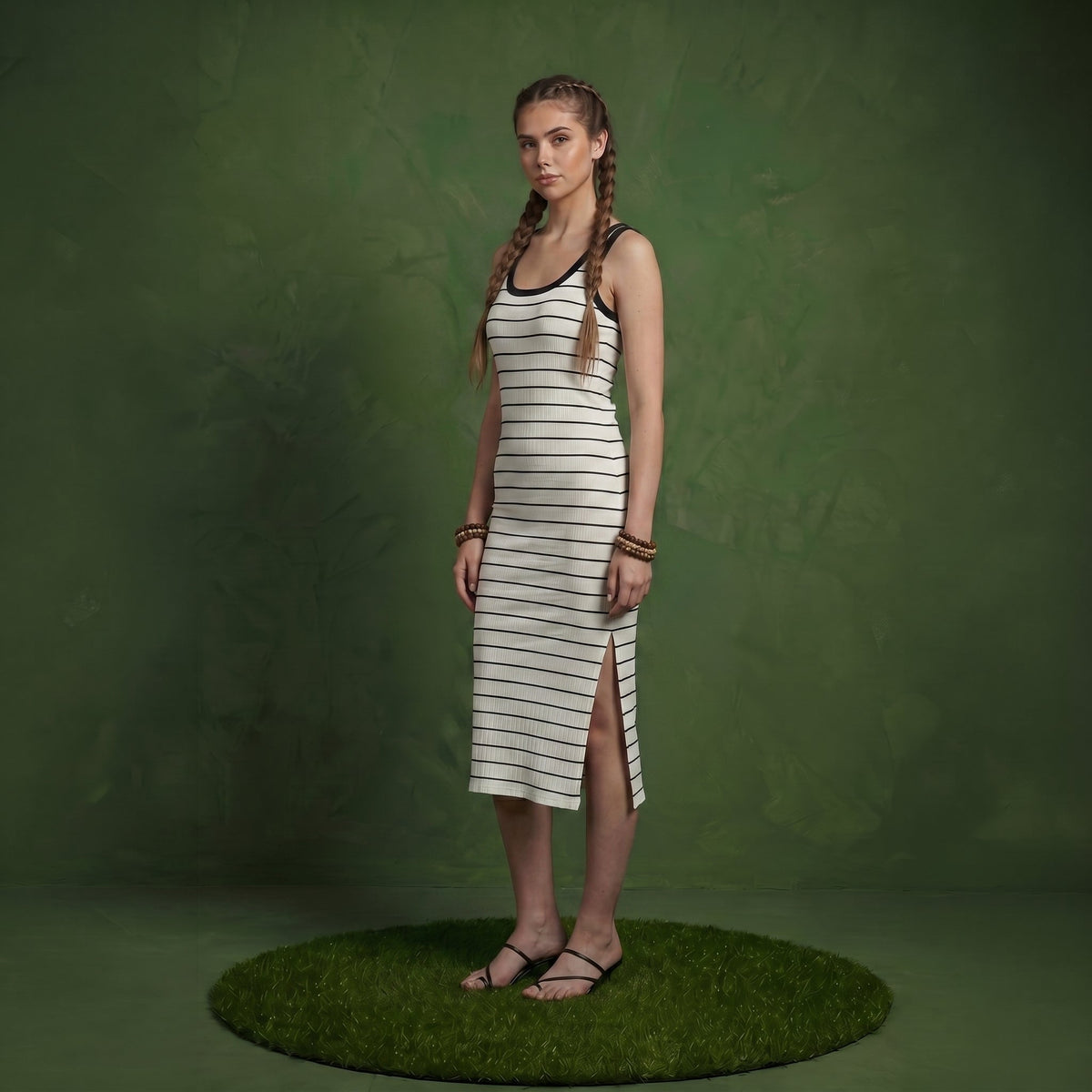 Anna-Kaci Women's Striped Rib-Knit Scoop Neck Midi Tank Dress with Side Slit