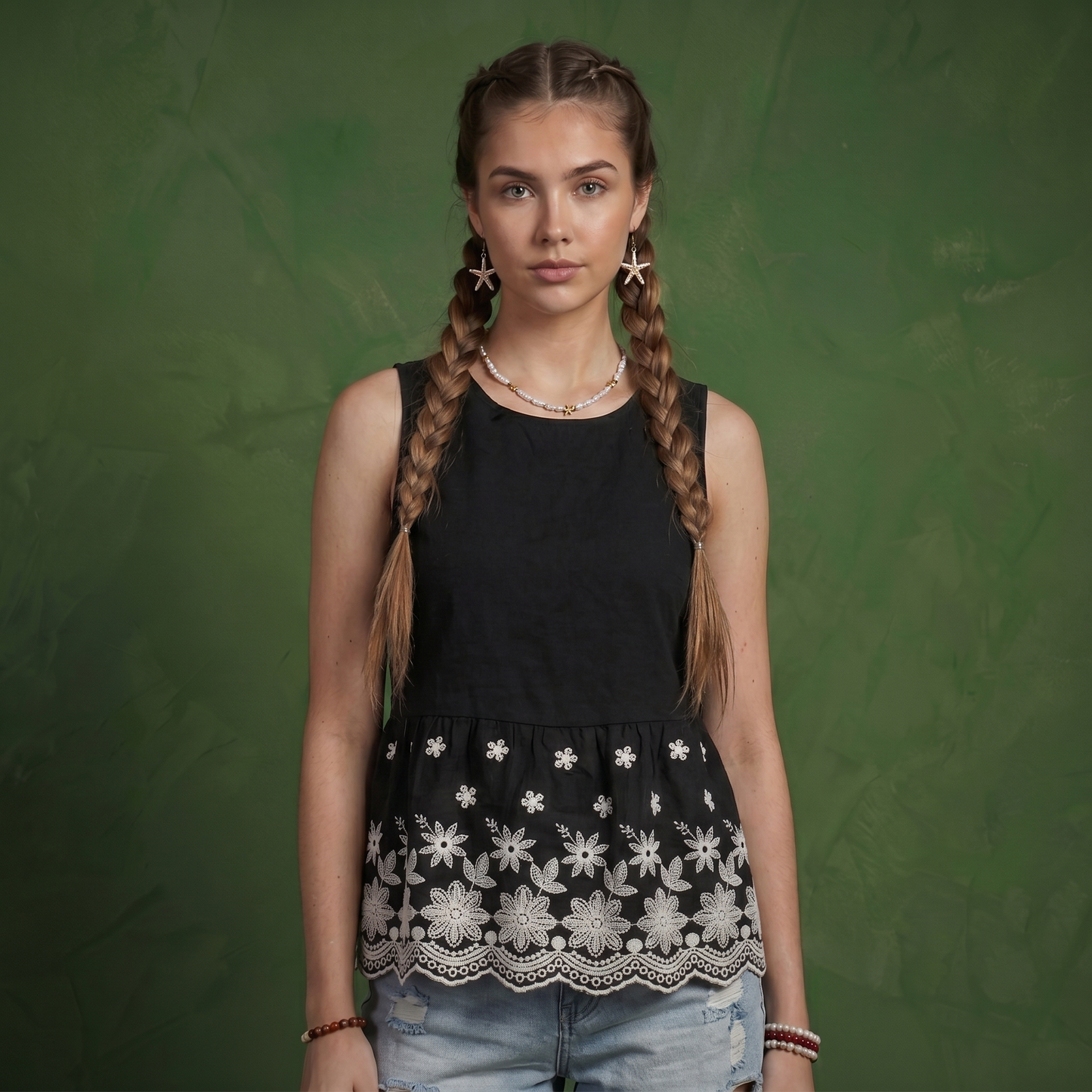Anna-Kaci Women's Embroidered Floral Peplum Tank Top with Back Tie