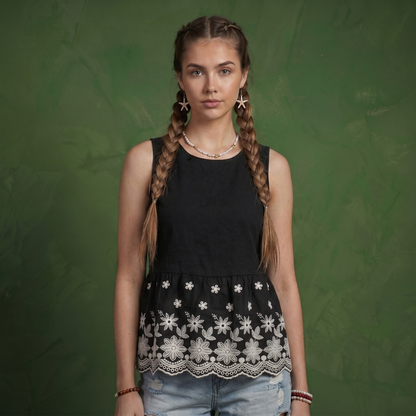 Anna-Kaci Women's Embroidered Floral Peplum Tank Top with Back Tie