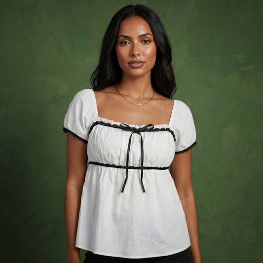 Anna-Kaci Women's French Style Lace Trim Puff Sleeve Empire Waist Blouse