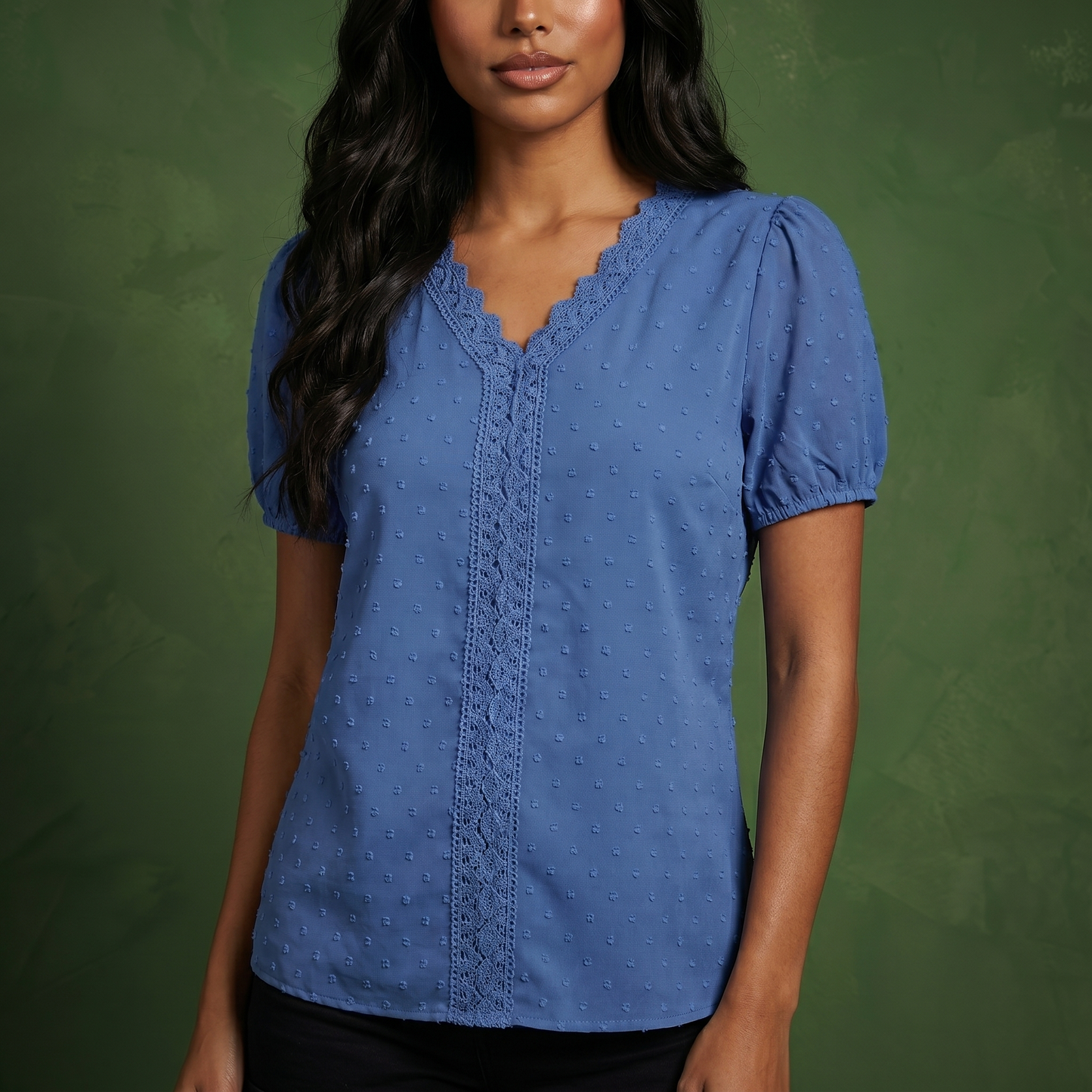 Anna-Kaci Women's Short Sleeve Swiss Dot Top with Lace Trim V-Neck and Puff Sleeves
