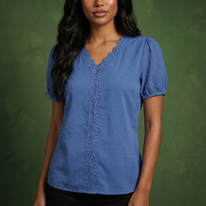 Anna-Kaci Women's Short Sleeve Swiss Dot Top with Lace Trim V-Neck and Puff Sleeves
