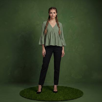Anna-Kaci Women's V-Neck Bell Sleeve Peplum Blouse with Button Detail and Gathered Waist