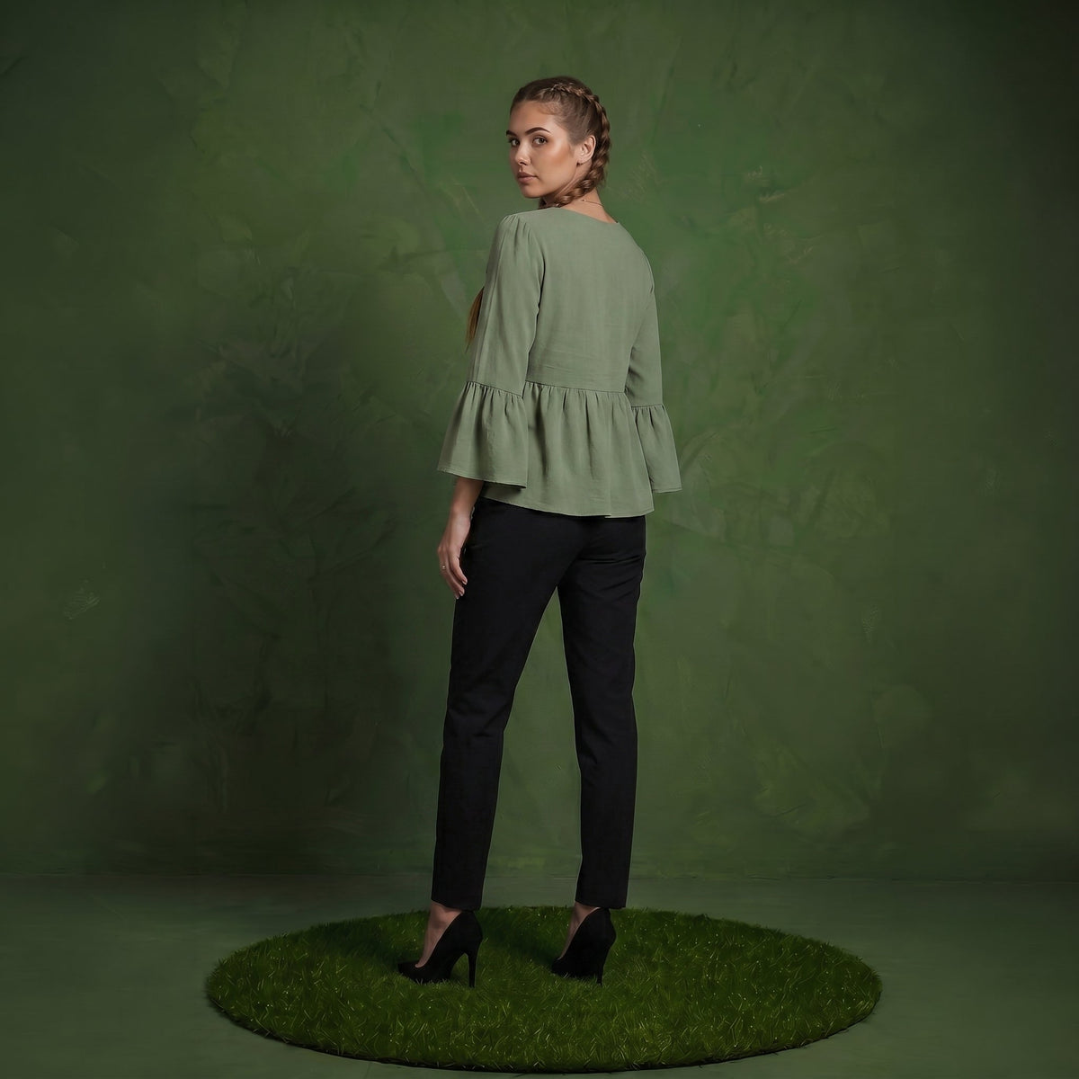 Anna-Kaci Women's V-Neck Bell Sleeve Peplum Blouse with Button Detail and Gathered Waist