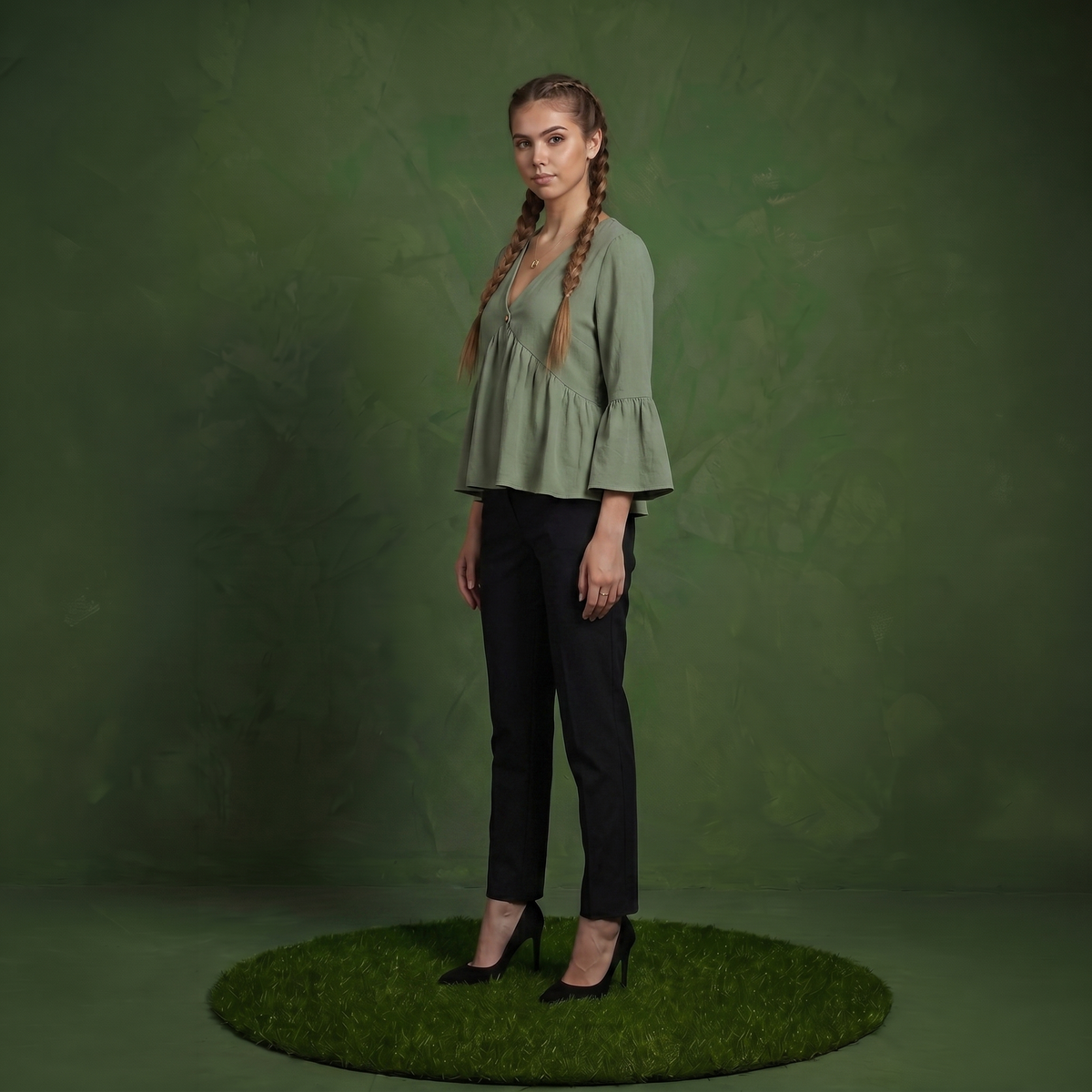 Anna-Kaci Women's V-Neck Bell Sleeve Peplum Blouse with Button Detail and Gathered Waist