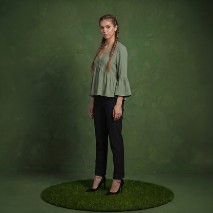 Anna-Kaci Women's V-Neck Bell Sleeve Peplum Blouse with Button Detail and Gathered Waist