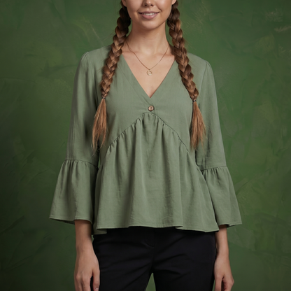 Anna-Kaci Women's V-Neck Bell Sleeve Peplum Blouse with Button Detail and Gathered Waist