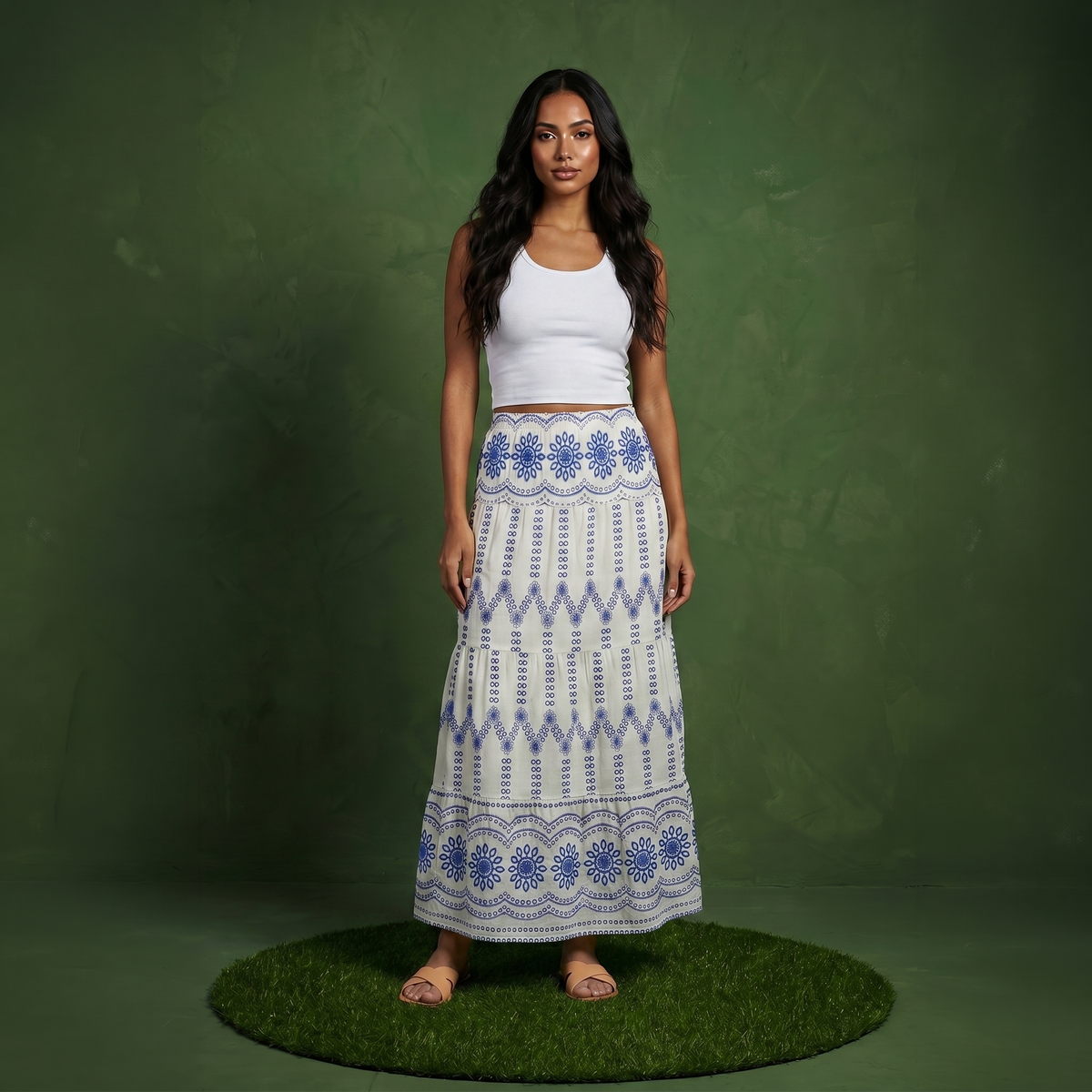 Anna-Kaci Women's Embroidered Maxi Skirt with Tiered A Line Silhouette and Border Detail