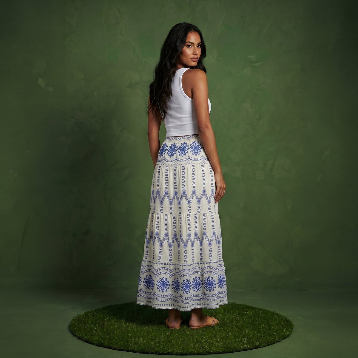 Anna-Kaci Women's Embroidered Maxi Skirt with Tiered A Line Silhouette and Border Detail