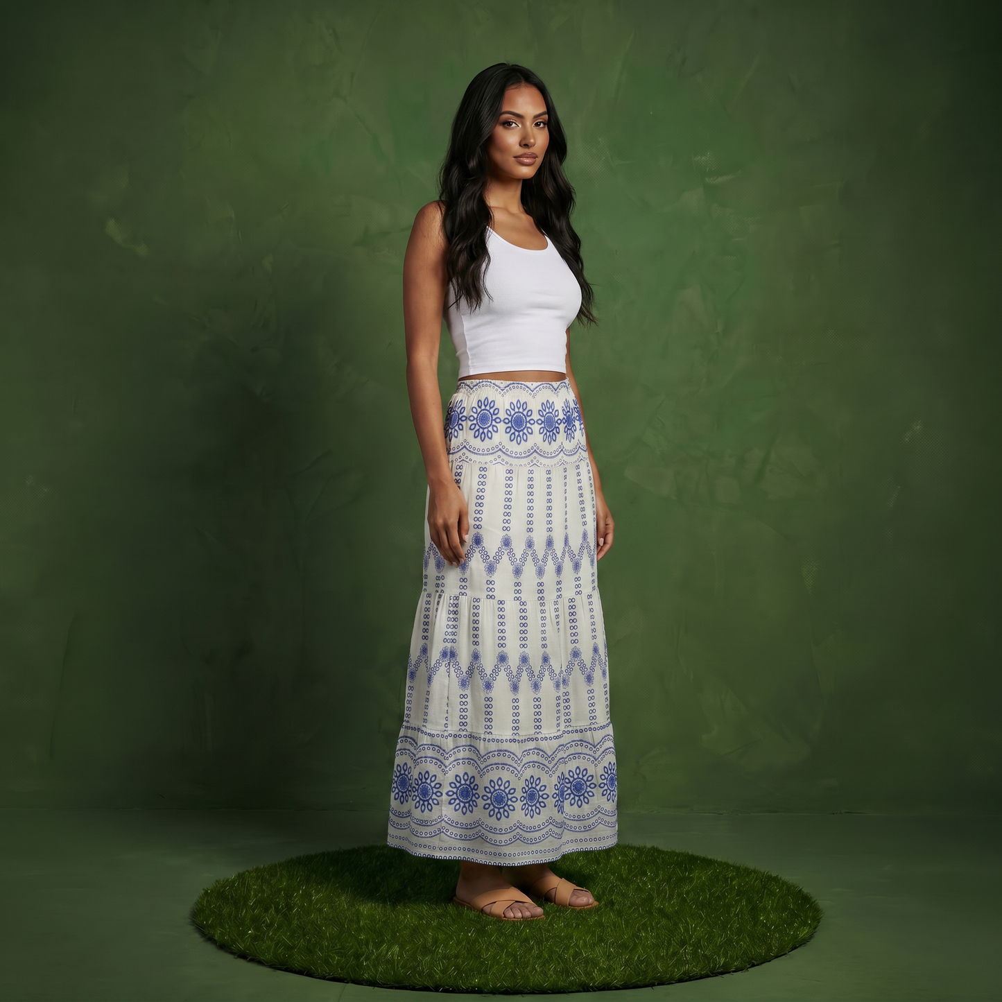 Anna-Kaci Women's Embroidered Maxi Skirt with Tiered A Line Silhouette and Border Detail