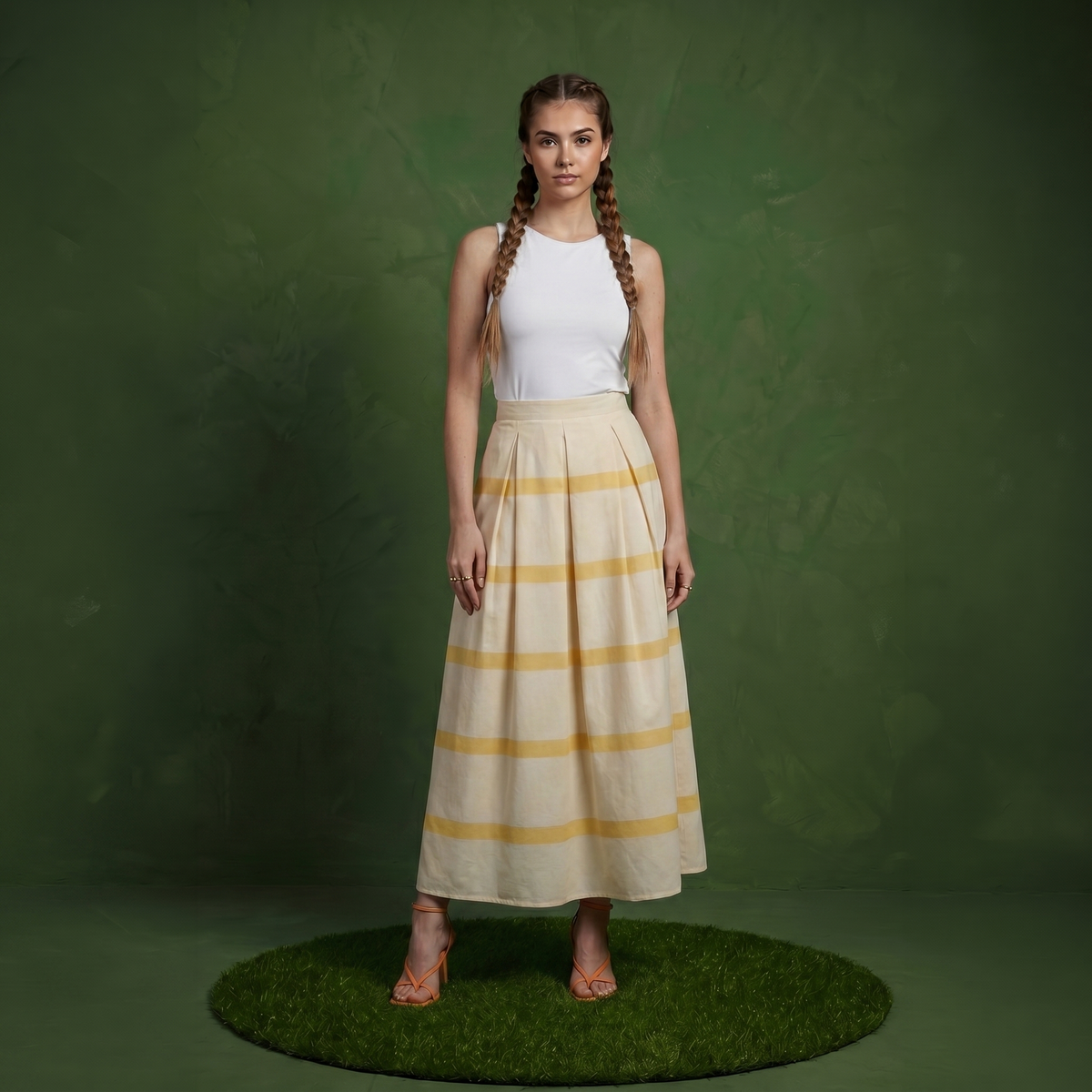 Anna-Kaci Women's Striped Maxi Skirt with Pleated Waist and A Line Silhouette