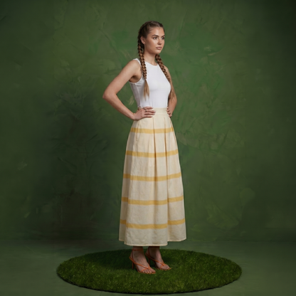 Anna-Kaci Women's Striped Maxi Skirt with Pleated Waist and A Line Silhouette