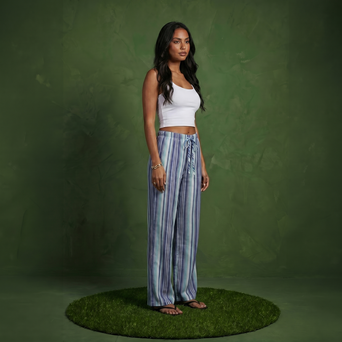 Anna-Kaci Women's Striped Wide Leg Pants with Drawstring Waist