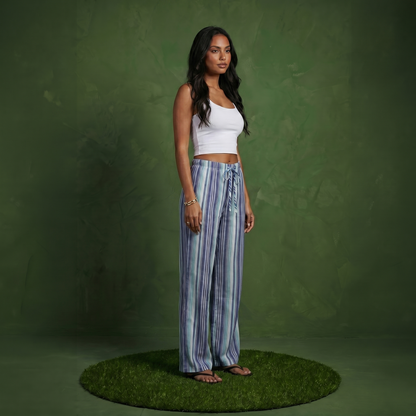 Anna-Kaci Women's Striped Wide Leg Pants with Drawstring Waist
