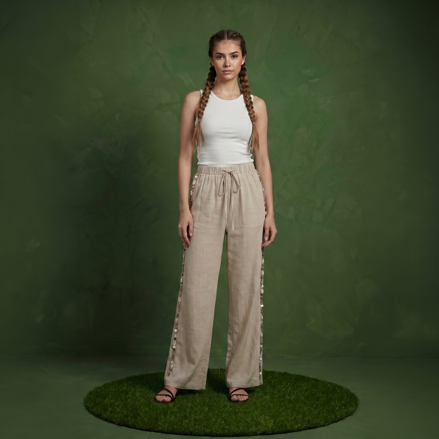 Anna-Kaci Women's Wide Leg Pants with Drawstring Waist and Side Sequin Trim