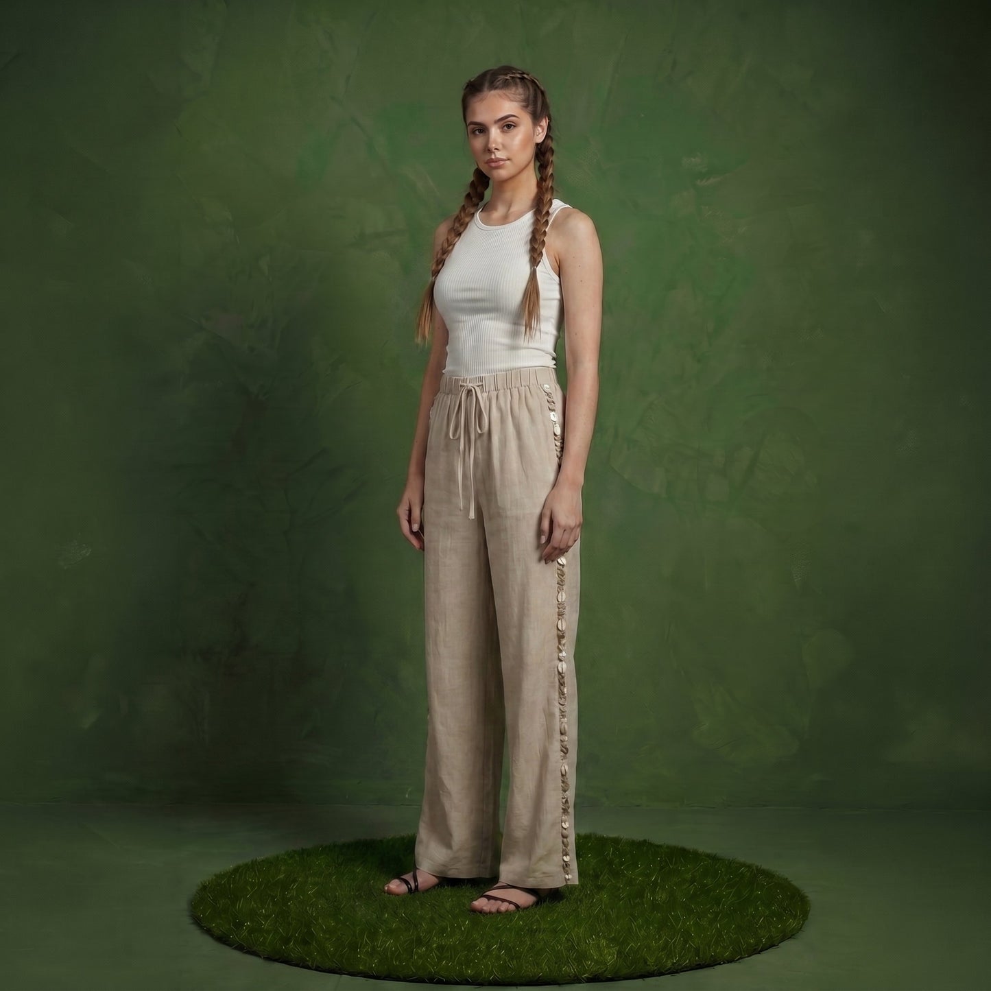 Anna-Kaci Women's Wide Leg Pants with Drawstring Waist and Side Sequin Trim