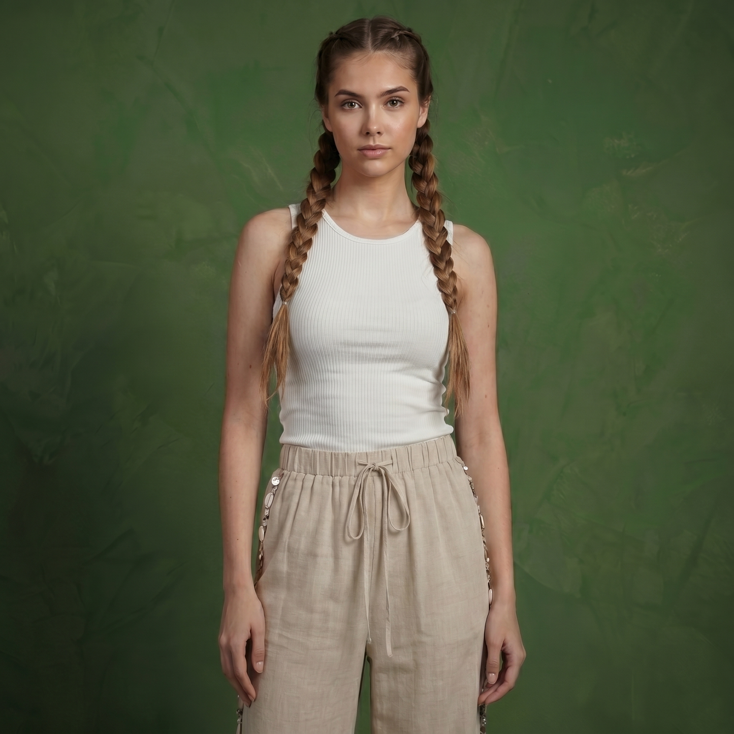 Anna-Kaci Women's Wide Leg Pants with Drawstring Waist and Side Sequin Trim