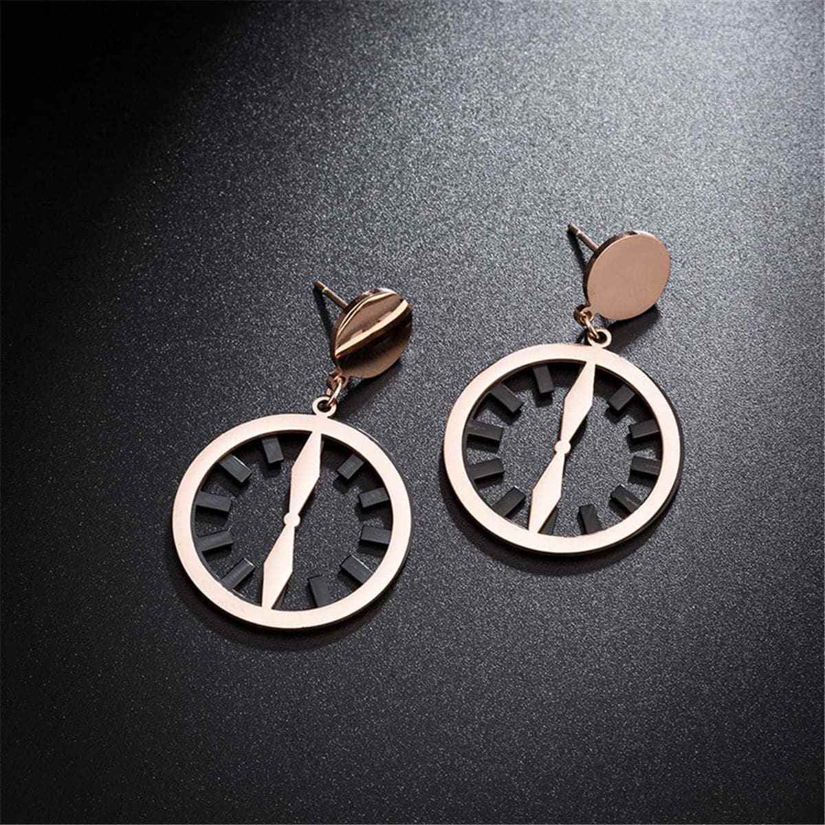 Black & Rose Goldtone Clock Drop Earrings