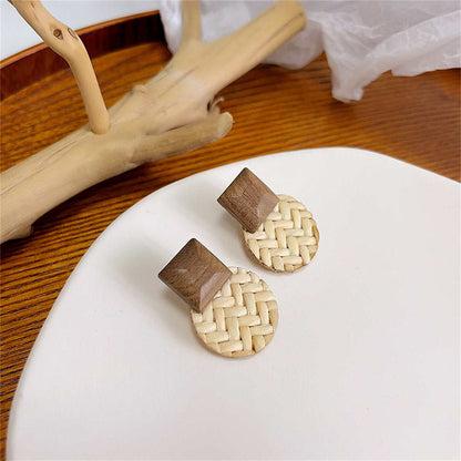 Beige Rattan & Wood Round Drop Earrings