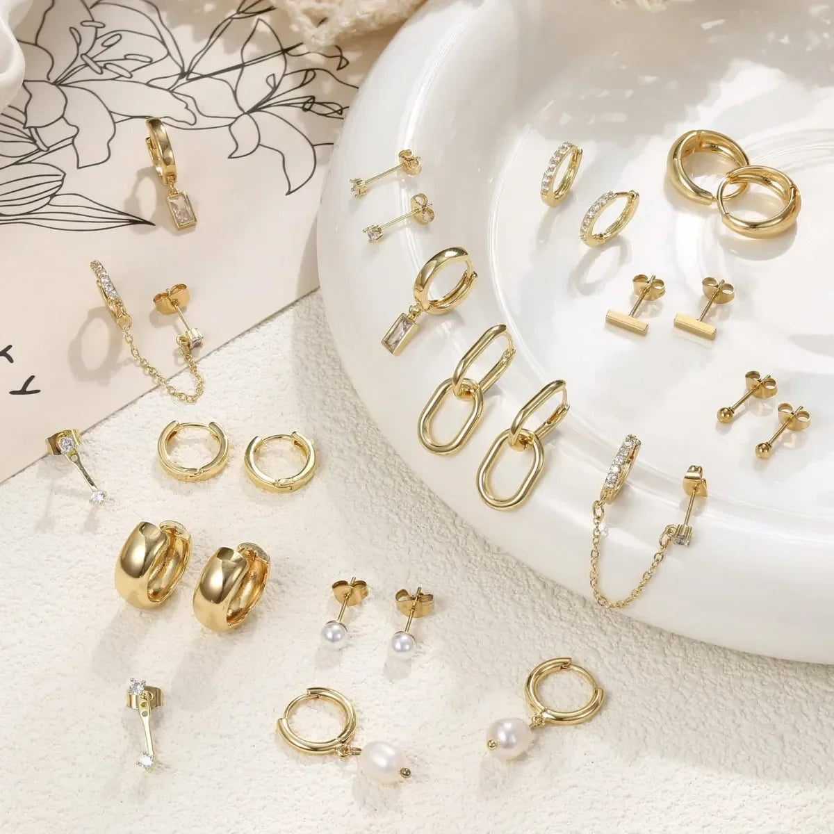 13 Pairs Gold Earrings Set