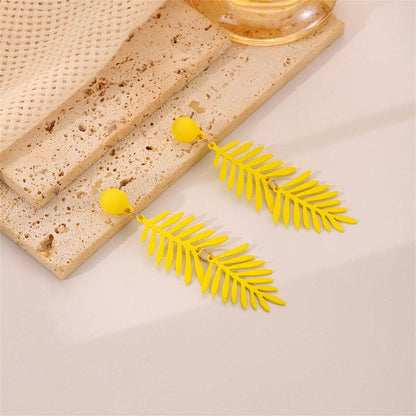 Yellow Enamel & Goldtone Leaves Drop Earrings
