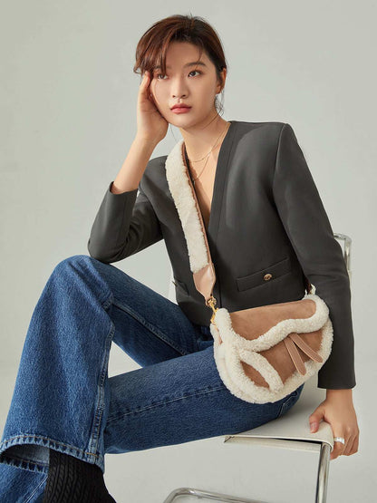 Apricot Beige Furry Saddle Shoulder Bag