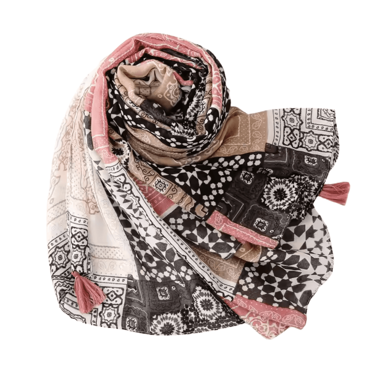 Bohemian Geometric Print Scarf with Tassel Accents