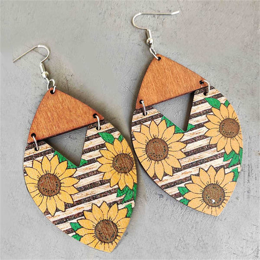 Yellow Wood & Silvertone Stripped Mum Drop Earrings