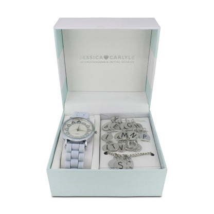 Jessica Carlyle Light Blue Rubber Strap Silver Watch & Bracelet With Initial Charms Set 1891 (Blemished Box)