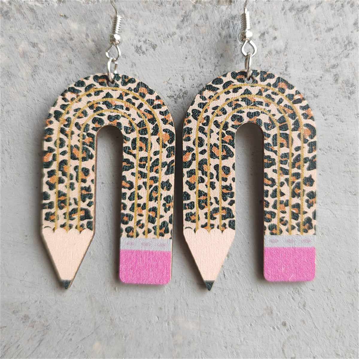 Brown Wood & Silvertone Leopard Pencil Drop Earrings