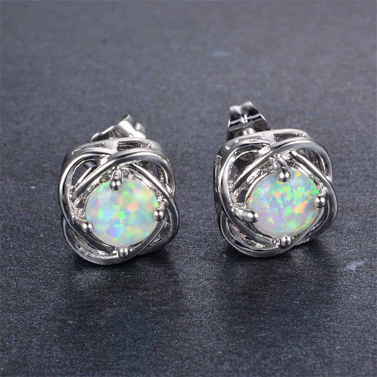 White Opal & Silvertone Round Wrapped Stud Earrings