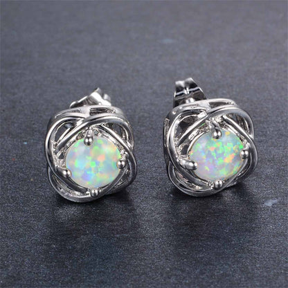 White Opal & Silvertone Round Wrapped Stud Earrings