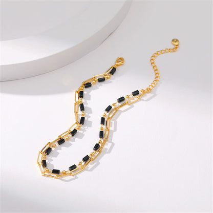 Black Acrylic & Goldtone Bead Chain Layered Anklet