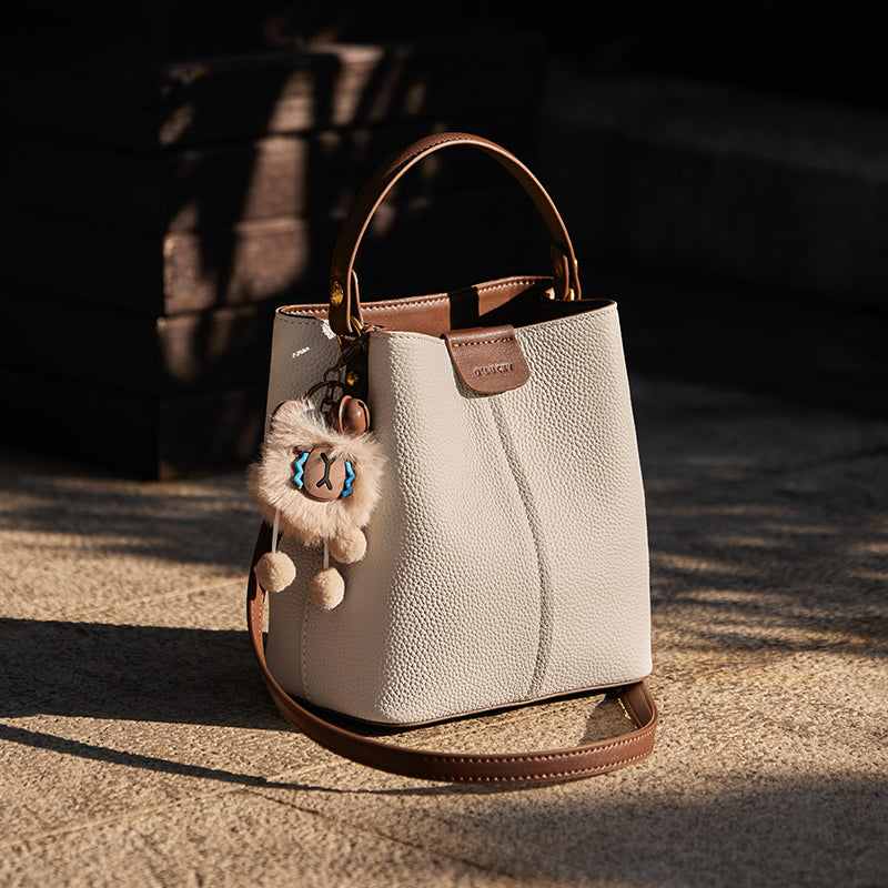 Colorblock Leather Bucket Shoulder Bag