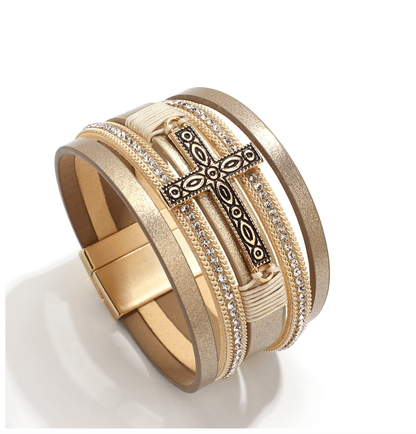 Goldtone Imitation Leather Boho Cross Bracelet