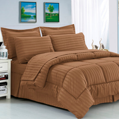 Elegant Comfort 8-Piece Dobby Stripe Comforter Set - Includes 4-Piece Sheet Set with Double Sided Storage Pockets