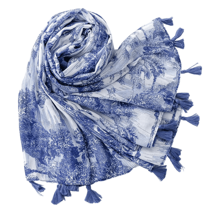 Blue and White Toile Tassel Scarf