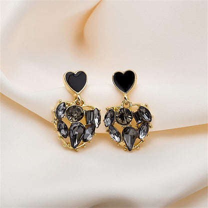 Black Crystal & Goldtone Heart Drop Earrings